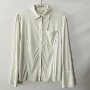Club Monaco Ivory Ribbed Button Front Shirt Womens Large Modal Blend Long Sleeve